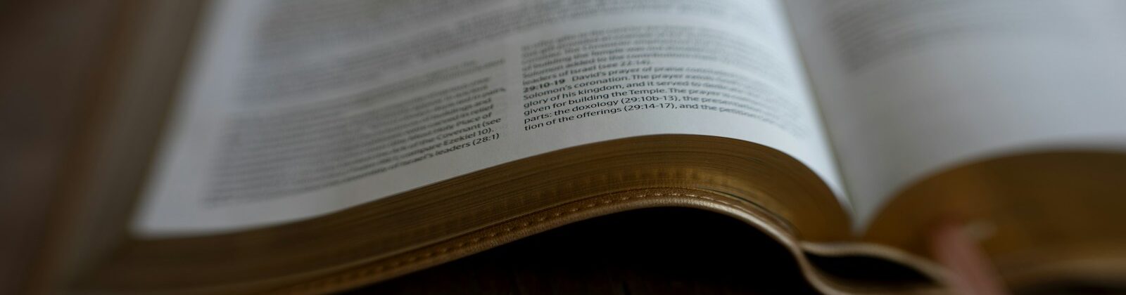 An open book with gold-gilded pages on a wooden surface.